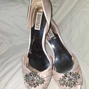 Badgley Mischka Champagne Satin Heels with Crystal Embellishments